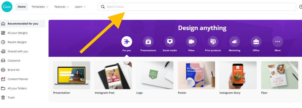 mencari template di canva