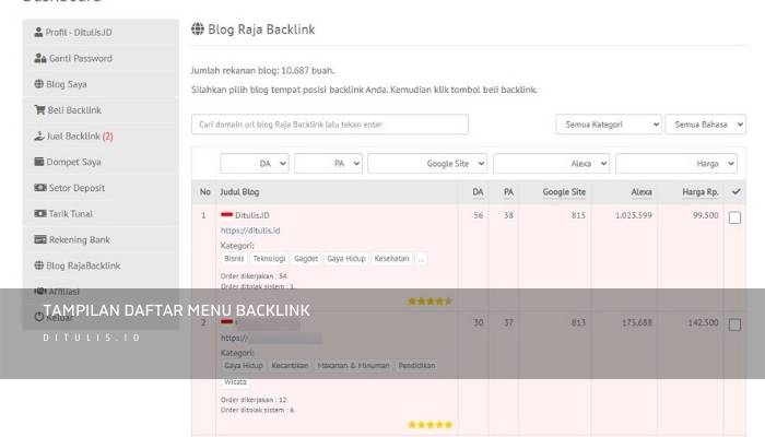 tampilan daftar menu backlink