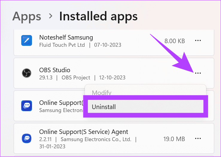 klik tiga titik di sebelah OBS dan pilih Uninstall
