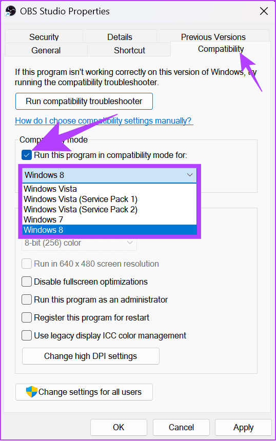 Pilih Kompatibilitas lalu pilih versi WIndows yang ingin Anda jadikan kompatibel