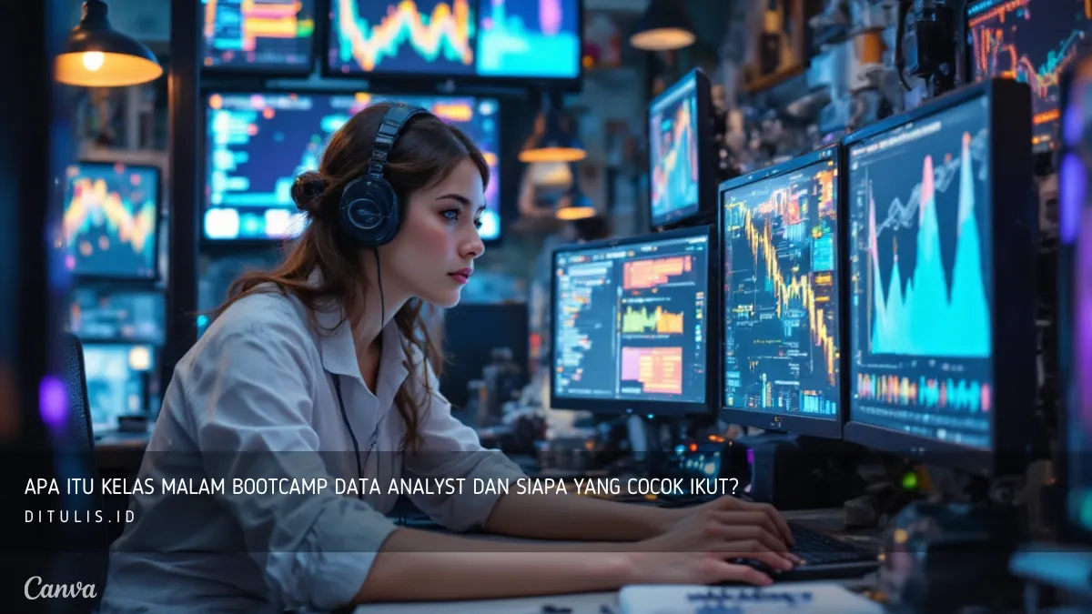 Desain visual bootcamp malam untuk data analyst dengan jam malam, laptop terbuka, dan teks siapa yang cocok ikut di layar.