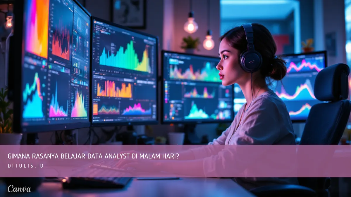 Siluet orang belajar di malam hari di depan laptop dengan pencahayaan lampu meja, atmosfer tenang dan produktif.