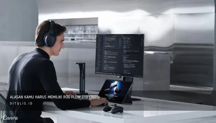 Pengguna menikmati pengalaman gaming dan produktivitas dengan ASUS ROG Flow Z13 (2025) yang terhubung ke monitor eksternal, prosesor AMD Ryzen AI dan layar ROG Nebula Display mendukung performa maksimal.