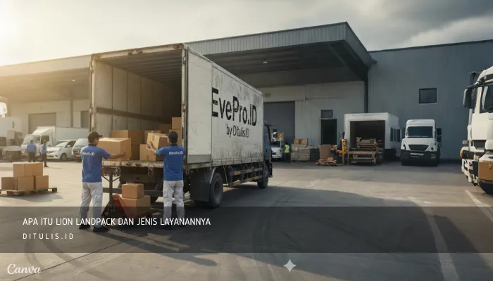 Petugas ekspedisi sedang mengangkut paket ke dalam truk Everpro ID di gudang logistik, menggambarkan layanan Lion Landpack dari Lion Parcel dengan ongkir ekonomis.