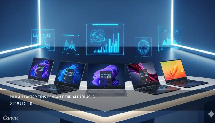 Pilihan laptop tipis ASUS dengan fitur AI, desain ringan, layar OLED berkualitas, baterai tahan lama, dan performa modern untuk produktivitas.