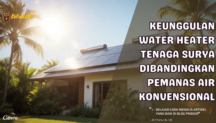 Rumah tropis modern dengan panel water heater tenaga surya di atap yang memanfaatkan energi matahari untuk pemanas air ramah lingkungan, menggambarkan keunggulan dibandingkan pemanas air konvensional.