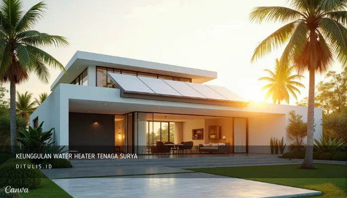 Rumah modern minimalis dengan solar water heater di atap yang menyerap panas matahari untuk menghasilkan air hangat hemat energi, simbol efisiensi dan keberlanjutan di iklim tropis.