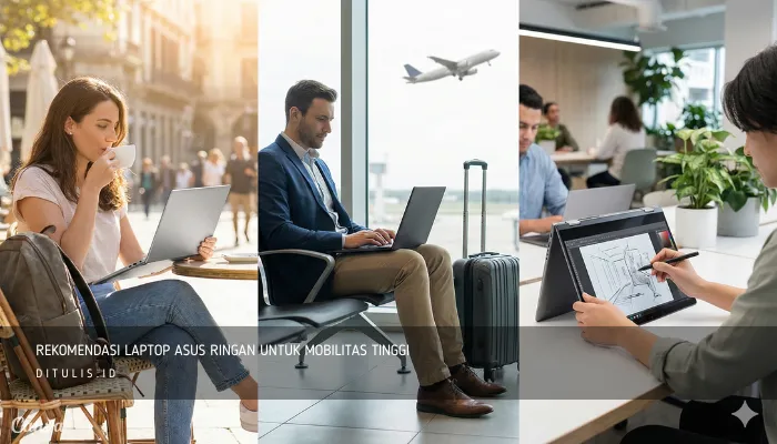 Kolase aktivitas work from anywhere di cafe, bandara, dan ruang kerja menggunakan laptop ASUS ringan dan mode tablet untuk desain.