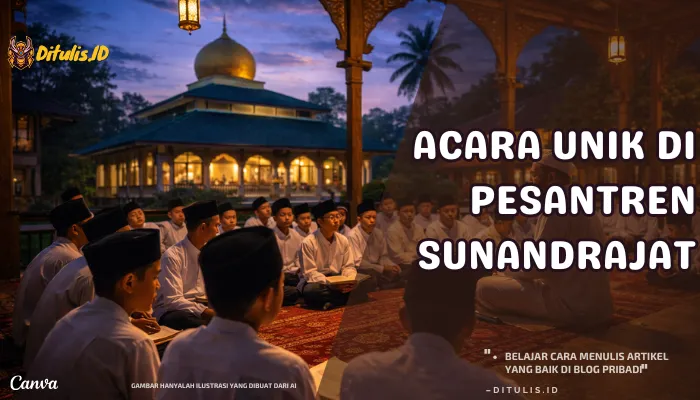 Suasana kajian malam di Pesantren Sunandrajat, di mana para santri duduk melingkar menyimak pengajaran kitab dari seorang ustaz di pendopo terbuka, dengan latar masjid bercahaya lampu dan nuansa senja yang khusyuk dan menenangkan.