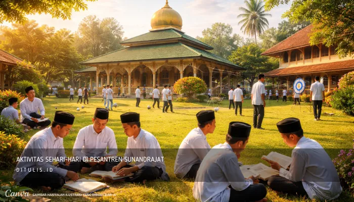 Santri Pesantren Sunandrajat mengenakan pakaian putih dan peci hitam sedang mengikuti berbagai aktivitas di area pesantren, mulai dari membaca Al-Qur’an, belajar bersama di ruang terbuka, hingga kegiatan olahraga ringan dengan latar masjid dan lingkungan hijau yang tenang.