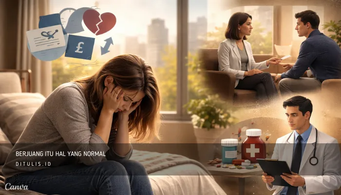 Ilustrasi seseorang yang mengalami tekanan emosional dan stres berkepanjangan sebagai gambaran bahwa berjuang dengan kesehatan mental adalah hal yang normal dan umum dialami banyak orang.