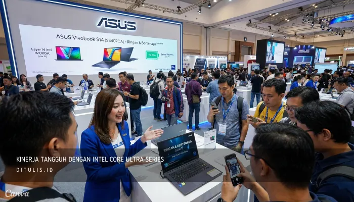 Peluncuran ASUS Vivobook S14 S3407CA di acara teknologi, menampilkan laptop ringan dan bertenaga dengan prosesor Intel Core Ultra, menarik perhatian banyak pengunjung yang sedang mencoba produk secara langsung.