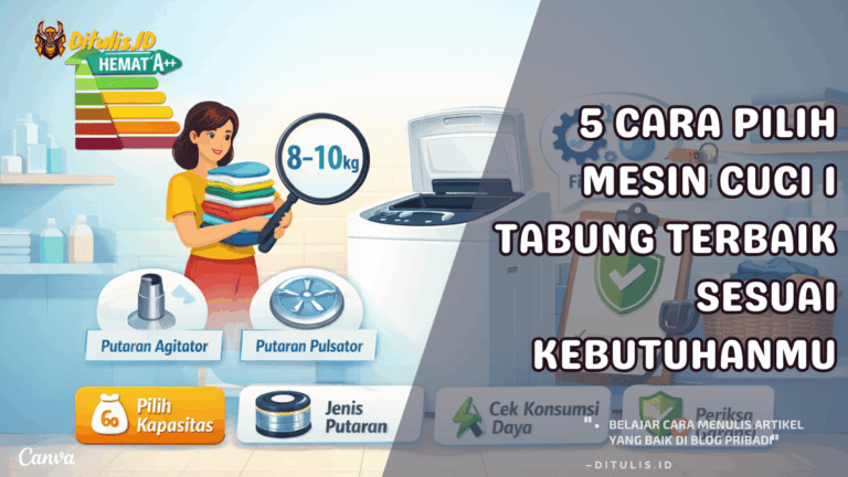 Ilustrasi ruang laundry dengan mesin cuci 1 tabung top loading, menunjukkan panduan memilih kapasitas, jenis putaran agitator dan pulsator, serta fitur hemat energi untuk kebutuhan rumah tangga.