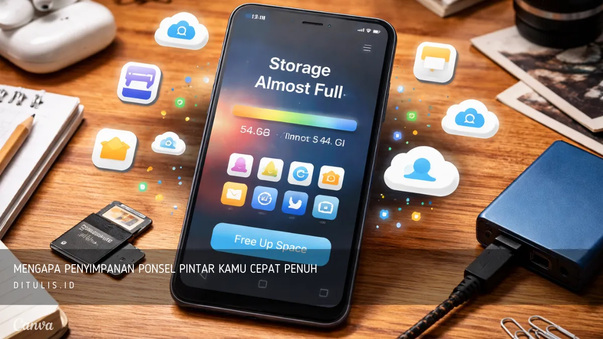 Ilustrasi smartphone dengan notifikasi storage hampir penuh, menampilkan penggunaan memori dan ikon aplikasi serta cloud, menggambarkan penyebab penyimpanan ponsel cepat penuh