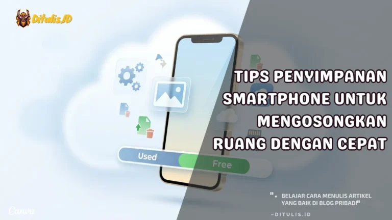 Ilustrasi smartphone dengan indikator penyimpanan hampir penuh serta ikon file dan aplikasi sebagai representasi cara mengosongkan ruang penyimpanan smartphone dengan cepat