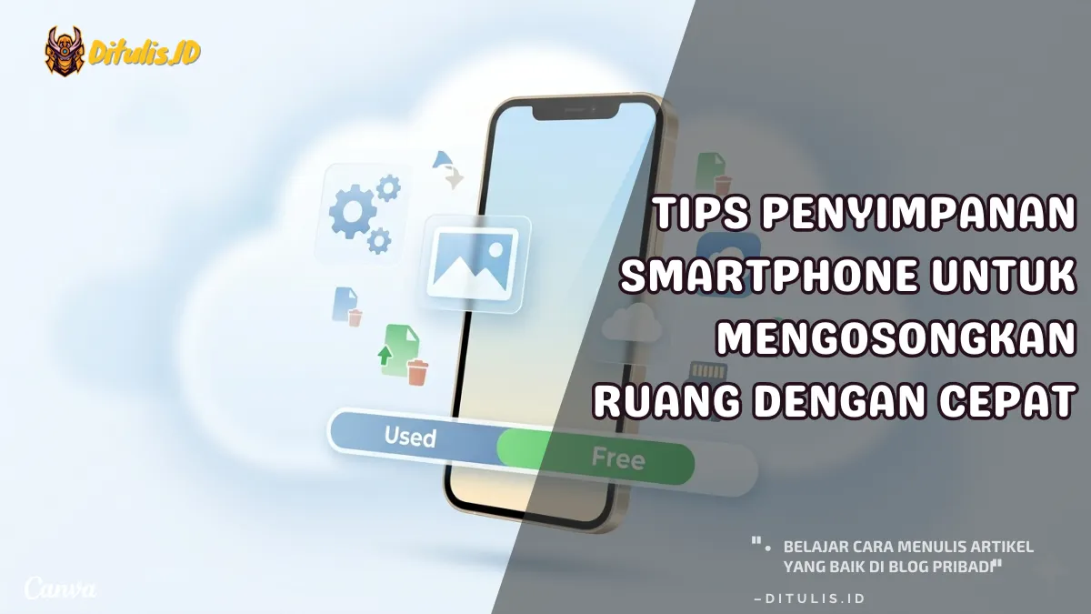 Ilustrasi smartphone dengan indikator penyimpanan hampir penuh serta ikon file dan aplikasi sebagai representasi cara mengosongkan ruang penyimpanan smartphone dengan cepat